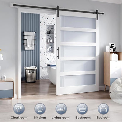 48x80 Inch Glass Sliding Barn Door Slab and 8ft Hardware Kit Included, 5 Frosted Glass, LVL Wood Panel Covered with White Water-Proof Scratch-Proof PVC Surface, Simple DIY Assembly