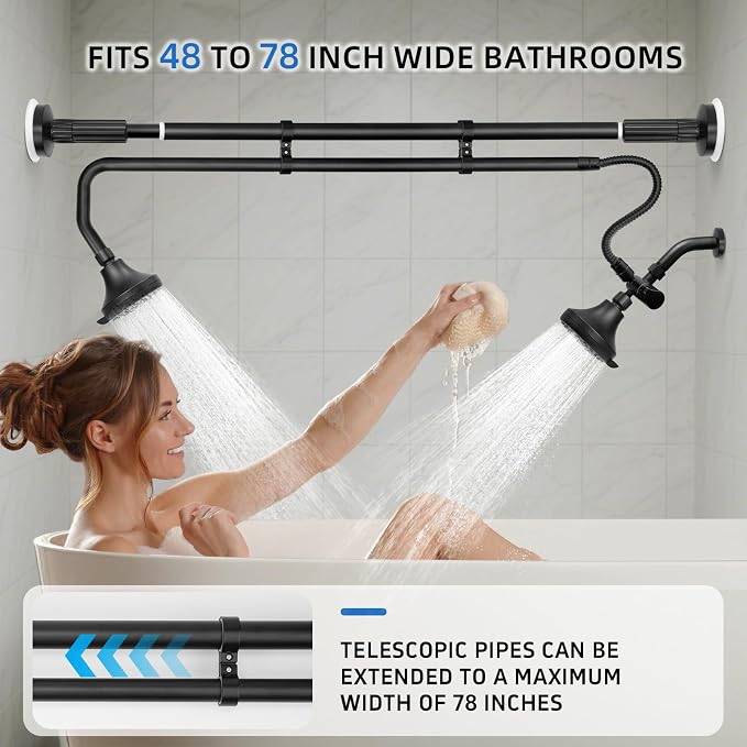 OURBAOFU Tandem Shower Heads, Double Shower Head for Couples | Dual Shower Head System for Two People,High Pressure,Adjustable 360° Rotation,48–78 In for Bathrooms,Gifts for Couples-Black