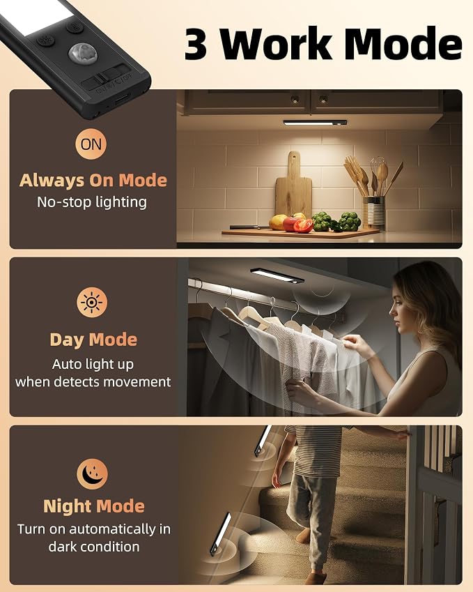 EZVALO 8" Under Cabinet Lighting, 2400mAh USB-C Rechargeable Motion Sensor Light, 3 Color Temps, 5-Level Dimmable Magnetic Wireless Closet Lights for Kitchen, Pantry, Stairs (2 Pack)