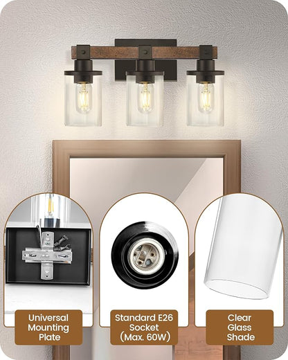 3-Light Bathroom Light Fixture, Farmhouse Vanity Lights for Bathroom with Glass Shade, Rustic Bathroom Light Fixtures, E26 Base F08BD05