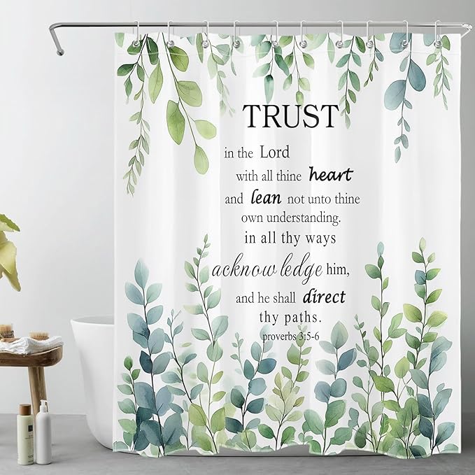HVEST Sage Green Eucalyptus Shower Curtain with Hooks, Green Leaf and Bible Verse Inspirational Quotes on White Shower Curtain for Bathroom Nature Plant Botanical Shower Curtain Set,72L X 48W inches