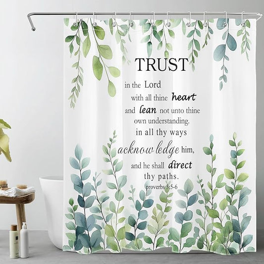 HVEST Sage Green Eucalyptus Shower Curtain with Hooks, Green Leaf and Bible Verse Inspirational Quotes on White Shower Curtain for Bathroom Nature Plant Botanical Shower Curtain Set,72L X 48W inches