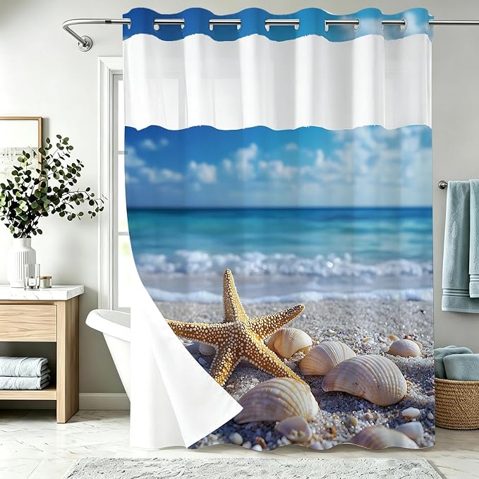 Modern Ocean No Hook Shower Curtain Coastal Tropical Summer Kids Seashell | Nature No Hook Shower Curtain with Snap in Liner, Waterproof Ringless Shower Curtains for Bathroom 72x74 Inch Blue