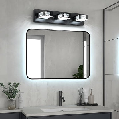 Joossnwell Modern Crystal Vanity Light 3-Light, 5CCT Selectable LED Bathroom Light Fixtures Over Mirror, Dimmable Matte Black Bath Wall Sconce with 350° Rotatable Head, Acrylic Diffuser, 20.5 Inch