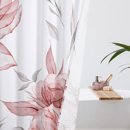 Litabel Long Boho Watercolor Floral Shower Curtain 72 x 78, Red and Grey Ink Painting Style Flower Shower Curtains for Chic Elegant Bathroom, Artistic 78 Inch Long Fabric Shower Curtain