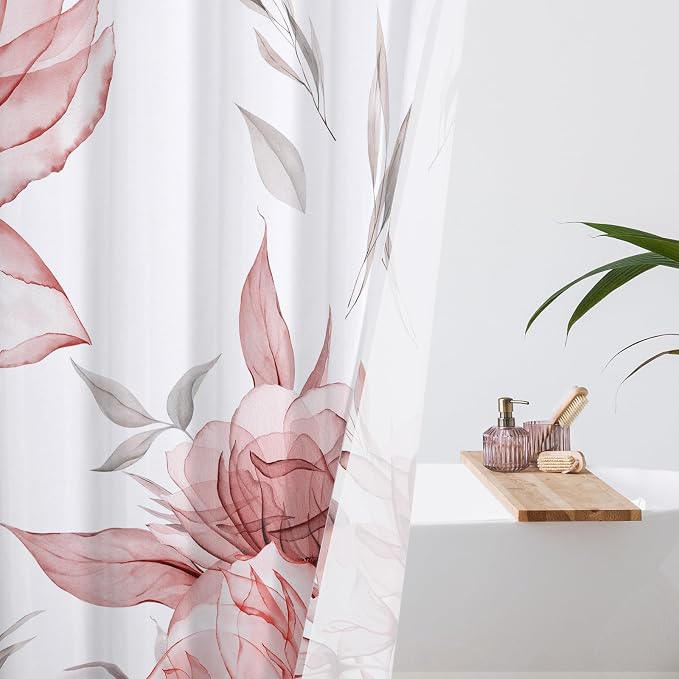 Red Boho Floral Shower Curtain, Watercolor Botanical Design, 72 x 84 | Boho Floral Design, Watercolor Ink Painting Style, Botanical Flowers & Leaves, Elegant Bathroom Accent, Fabric Cloth Curtain