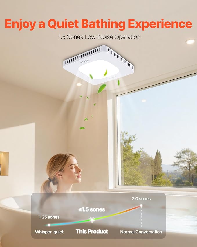 VEVOR Bathroom Exhaust Fan with LED Light, 80-110-130 CFM Bathroom Vent Three Gear Color Temp, 1.5 Sones Low-Noise, Premium AC Motor Ceiling Fan for Laundry Room, Storage Room, Home Ventilation, White