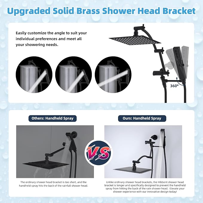 Hibbent All Metal CUPC Certified 8'' Rainfall Shower Head, Dual Shower Head Combo, High Pressure Handheld 4 Sprays Shower Wand, 16'' Adjustable Extension Arm, 71'' Hose, Shower Holder, Matte Black