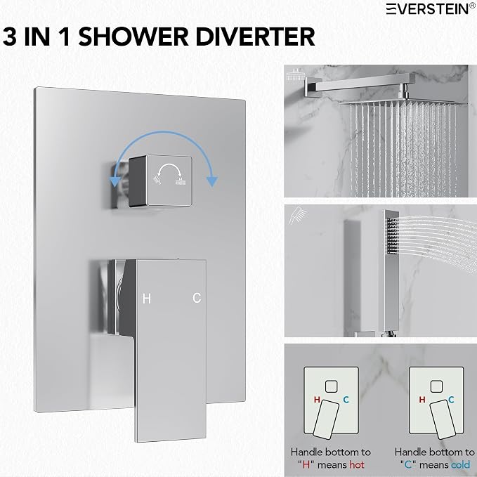 10" High-Pressure Rainfall Shower System with Handheld Spray, Wall Mount Bathroom Shower Faucet Set with Valve (Polished Chrome)