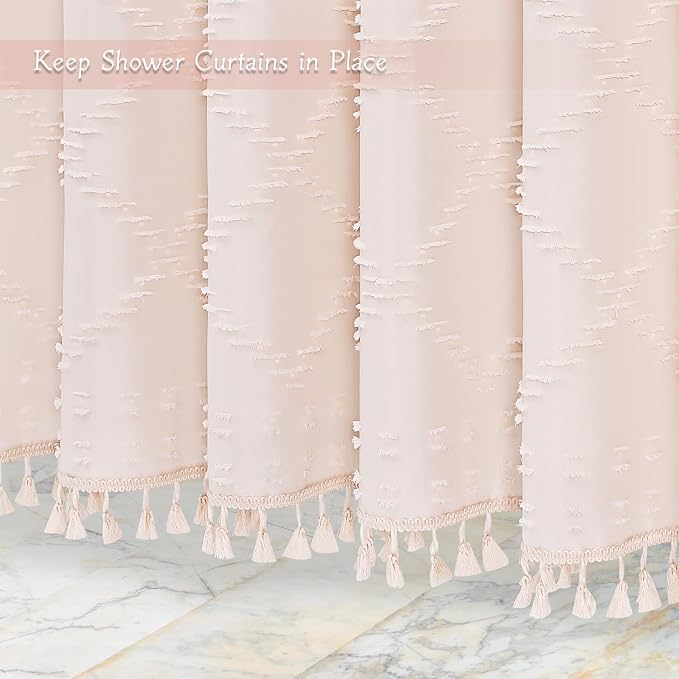 Light Pink Boho Fabric Shower Curtain with Tassel 72x78, Tufted Textured | Modern Farmhouse Curtain for Bathroom, Long Bathroom Curtain, Minimalist Decor, Waterproof