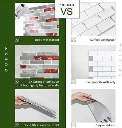 STICKGOO Thicker Peel and Stick Backsplash Tile for Kitchen and Bathroom | 10 Sheets of 12”×12” - 3D Vinyl Self Adhesive Wall Tiles Stick on Backsplash for Kitchen & Bathroom(Red)