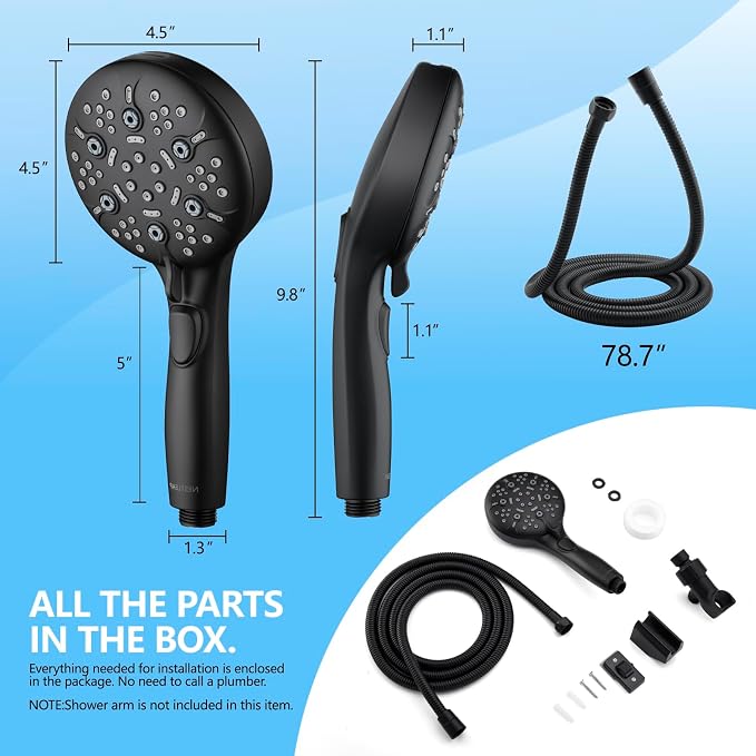 Shower Head with Handheld, 9-Setting High Pressure Shower head with handhelds, Built-in Handheld Power Spray, 79in Extra Long Stainless Steel Hose & Shower Head Holder (Matte Black)