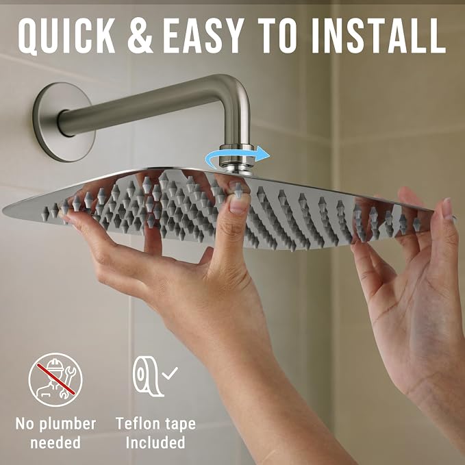 G-Promise All Metal 12 Inch Large Rain Shower Head for Ceiling or Wall | Built to Last, Rust Resistant 304 Stainless Steel, Easy to Install, Full Body Coverage Rainfall Shower Head, Daily SPA
