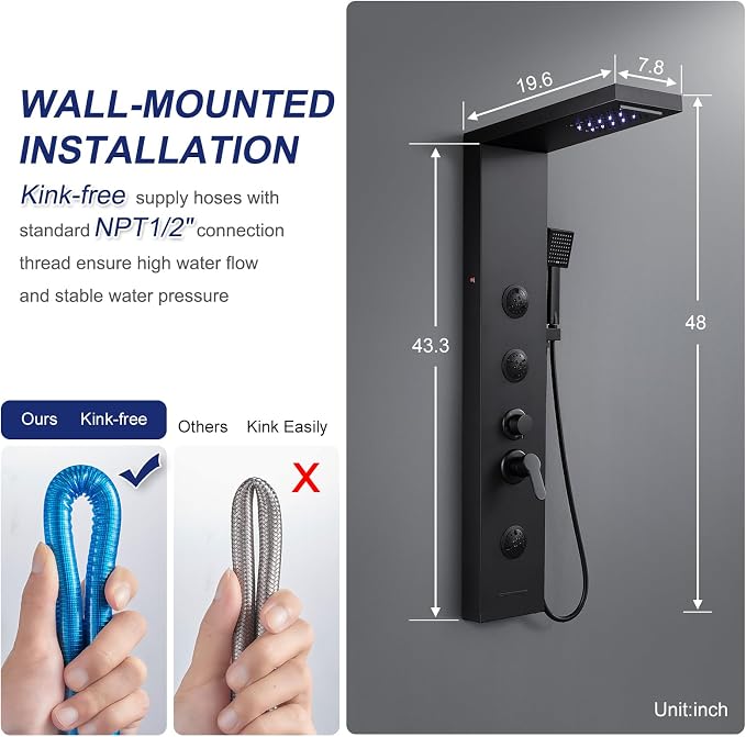 ROVATE 6 in 1 LED Rainfall Waterfall Shower Panel Tower System Matte Black | Stainless Steel Shower Column with Tub Spout, 2-Setting Massage Body Jets and Flexible Handheld, Water Flow Adjustable