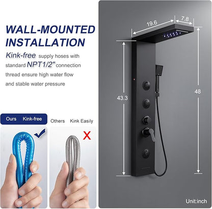 ROVATE 6 in 1 LED Rainfall Waterfall Shower Panel Tower System Matte Black | Stainless Steel Shower Column with Tub Spout, 2-Setting Massage Body Jets and Flexible Handheld, Water Flow Adjustable