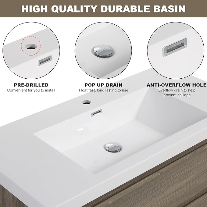 Wall Mounted 42 Inch Bathroom Vanity with Sink, Floating Vanity Bathroom, Single Sink Bathroom Vanity, 2 Drawers, Resin Integrated Sink (Ash Grey)