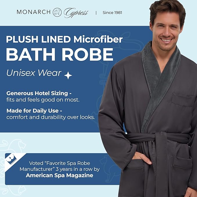 MONARCH Unisex Plush Lined Microfiber Bath Robe - Soft Shell with Polyester Lining, Resort-Grade Hotel & Spa Robe with Pocket