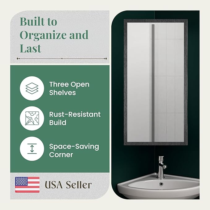 Renovators Supply Infinity Corner Medicine Cabinet with Mirror - Triple Shelf Storage Cabinet - Modern Wall Mount Medicine Cabinet - 23.6 in., Right Open, Brushed Stainless Steel, Pack of 2