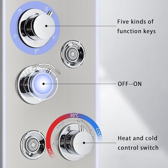 AlenArt Shower Panel LED Shower Tower System with Rainfall Waterfall Shower Head, 4 Body Massage Jets,Hand Shower Sprayer and Tub Spout Stainless Steel, Brushed Nickel