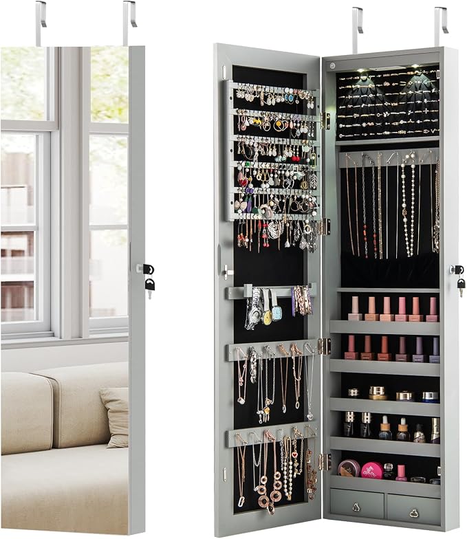 COSTWAY Wall Door Mounted Jewelry Armoire with 47.5" Full Length Mirror & 2 LED Lights, Large Storage Capacity, Lockable Mirror Jewelry Cabinet for Women Girls (Gray)