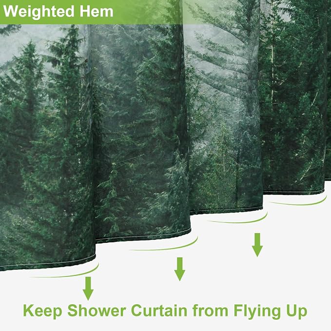 ORTIGIA Misty Forest Stall Shower Curtain for Small Bathroom, Green Half Size Narrow Nature Woodland Shower Curtain Set with Hooks, Waterproof Fabric Pine Tree Fog Magic Home Bath Curtain 36x72 inch
