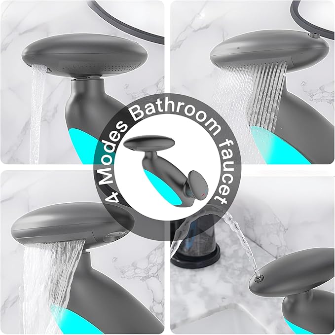 Smart Bathroom Faucet with Pull-Out Sprayer, 4 Modes Bathroom Faucet Waterfall Fountain, 360° Rotating Spout, Single Hole Modern Vanity Tap, Temperature-Sensing LED Lights (Grey)