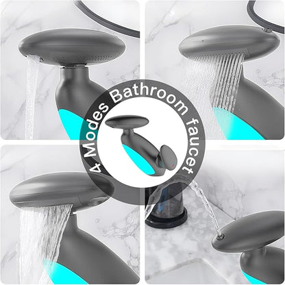 Smart Bathroom Faucet with Pull-Out Sprayer, 4 Modes Bathroom Faucet Waterfall Fountain, 360° Rotating Spout, Single Hole Modern Vanity Tap, Temperature-Sensing LED Lights (Grey)