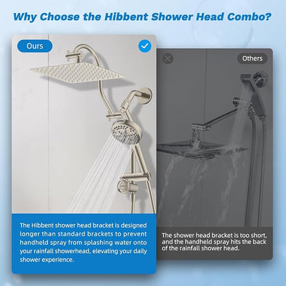 Hibbent High Pressue All Metal 10" Rainfall Shower Head, Handheld 10-Spray | cUPC Certified Brushed Nickel Dual Showerhead Combo, 4-way Diverter with Pause Mode, Brass Extension Arm, 71'' Hose & Holder