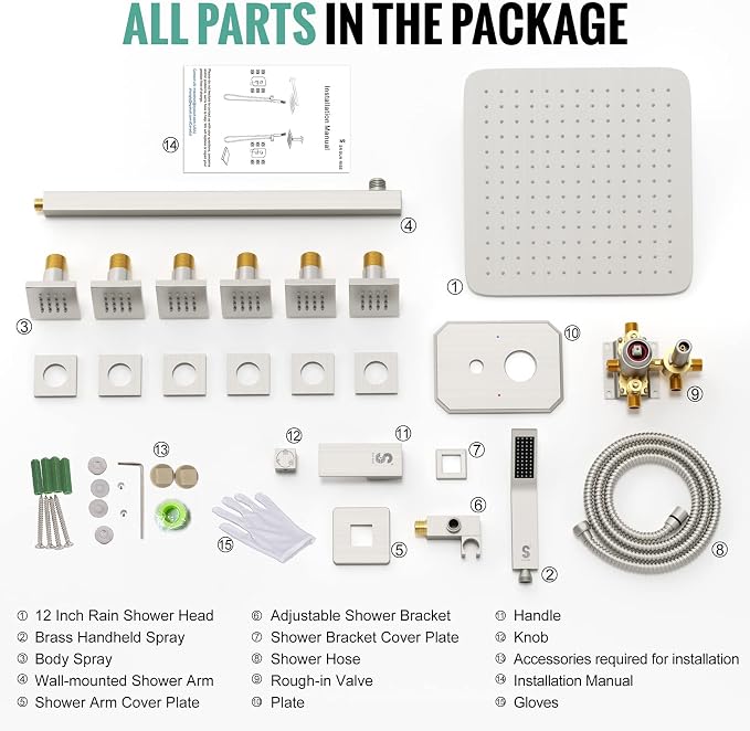 Waist Massage Spray Shower System with 6 Body Jets, 12'' Rain Shower System with Jets and Handheld Shower Faucet Set with Rough-in Valve, Wall Mounted Shower Fixture Set for Bathroom, Brushed Nickel