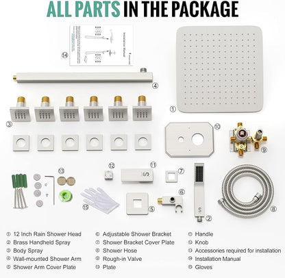 Waist Massage Spray Shower System with 6 Body Jets, 12'' Rain Shower System with Jets and Handheld Shower Faucet Set with Rough-in Valve, Wall Mounted Shower Fixture Set for Bathroom, Brushed Nickel