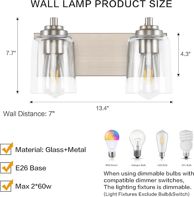 SOLFART Brushed Nickel Bathroom Light Fixture Vanity Lighting Fixtures Over Mirror 2 Light Bathroom Vanity Light Nickel Wall Light