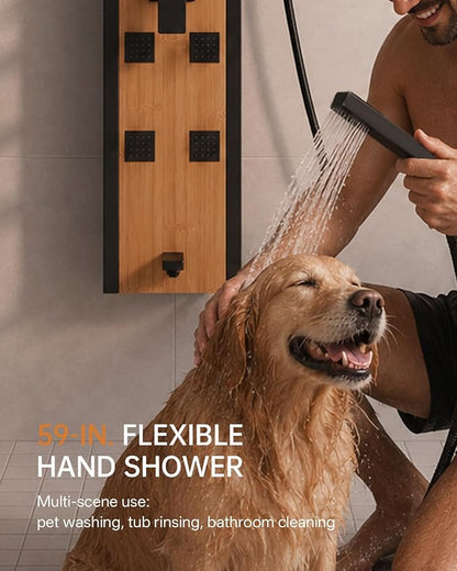 BWE Stainless Steel Shower Panel Tower System Black and Bamboo 8 Jets | Multi-Function Shower Panel System with Handheld Wand Wall Mount Shower Column Rainfall Shower Head Sprayer