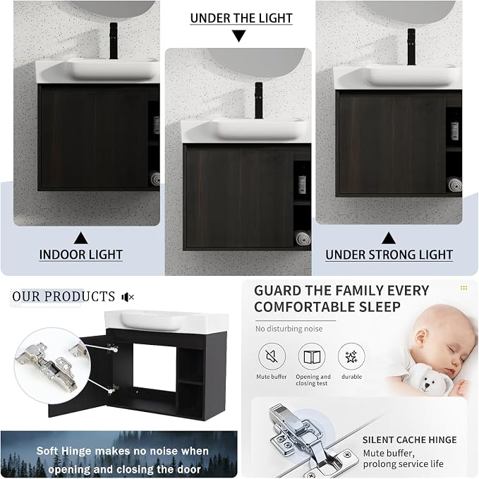 28" Bathroom Vanity with Ceramic Sink, Farmhouse Cabinet, Dark Oak | Ceramic Sink, Soft-Close Door, Interior Compartment and 2-Tier Open Side Shelves, 45° Inclined Edge Handle