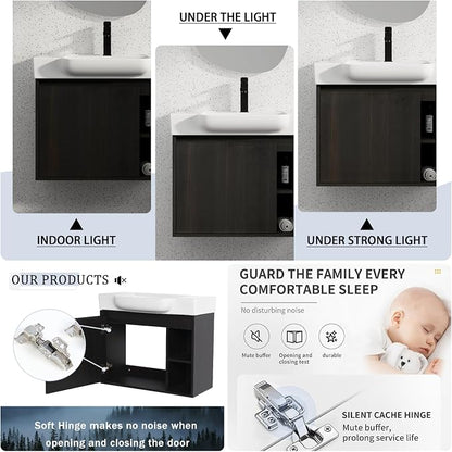 28" Bathroom Vanity with Ceramic Sink, Farmhouse Cabinet, Dark Oak | Ceramic Sink, Soft-Close Door, Interior Compartment and 2-Tier Open Side Shelves, 45° Inclined Edge Handle