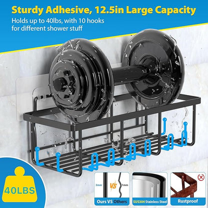 IKSOO Shower Caddy 5 Pack - 12.5 inch Shelves, 5-Pack with 10 Hooks, Stainless Steel, No Drilling Shelves for Bathroom Storage & Home Decor