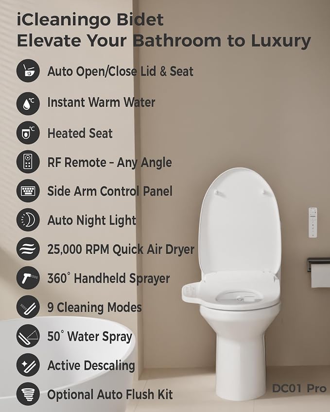 DC01 Pro iCleaningo Electric Bidet Toilet Seat, Side Panel Control, Instant Heating, Warm Water Wash, Heated Seat, Warm Air Dry, Auto Open & Close Lid, 360° Handheld Sprayer, Elongated, Remote