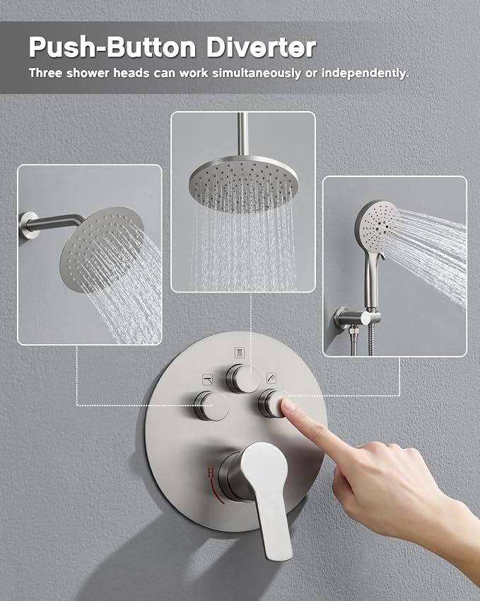 Iriber Brushed Nickel Shower head with Handheld,8"+10" Shower Faucet Set | 10 Inch Ceiling +8 Inch Wall Mount Dual Shower Heads,Push Button Diverter,3 Setting Handheld,Pressure Balance Valve Cartridge