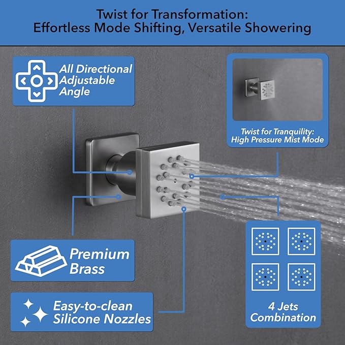 VANFOXLE Shower Faucet Set Brushed Nickel Shower System,Four Modes Shower Faucet with 2 in 1 Handheld,Ceiling Mount 10 Inch Shower Head with 6 Inch Shower Head, 4 PCS Dual Modes Body Jets
