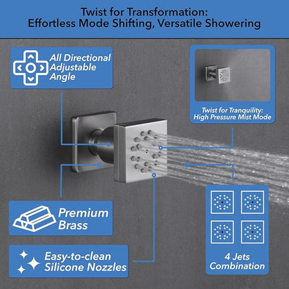 VANFOXLE Shower Faucet Set Brushed Nickel Shower System,Four Modes Shower Faucet with 2 in 1 Handheld,Ceiling Mount 10 Inch Shower Head with 6 Inch Shower Head, 4 PCS Dual Modes Body Jets