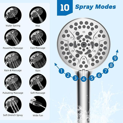Hibbent 5-spray Dual Filtered White Rain Shower Head, 10 Spray Handheld | Shower Heads with Handheld 10-Spray Combo, All Metal Easy Reach 4-way Diverter Extension Arm, 71'' Hose & Holder, Chrome