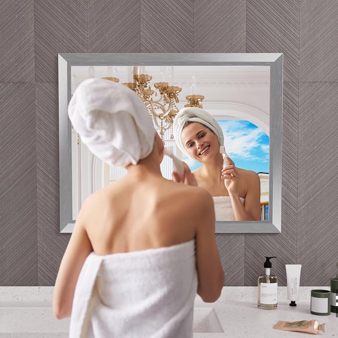 Bathroom Mirror for Wall, 40x32 Inch (Brushed Silver) | HD Reflection, Tempered Glass, Thick Metal Framed Rectangle Mirrors for Over Sink, Bedroom, Living Room, Entryway, Anti-Rust