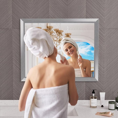 Bathroom Mirror for Wall, 40x32 Inch (Brushed Silver) | HD Reflection, Tempered Glass, Thick Metal Framed Rectangle Mirrors for Over Sink, Bedroom, Living Room, Entryway, Anti-Rust