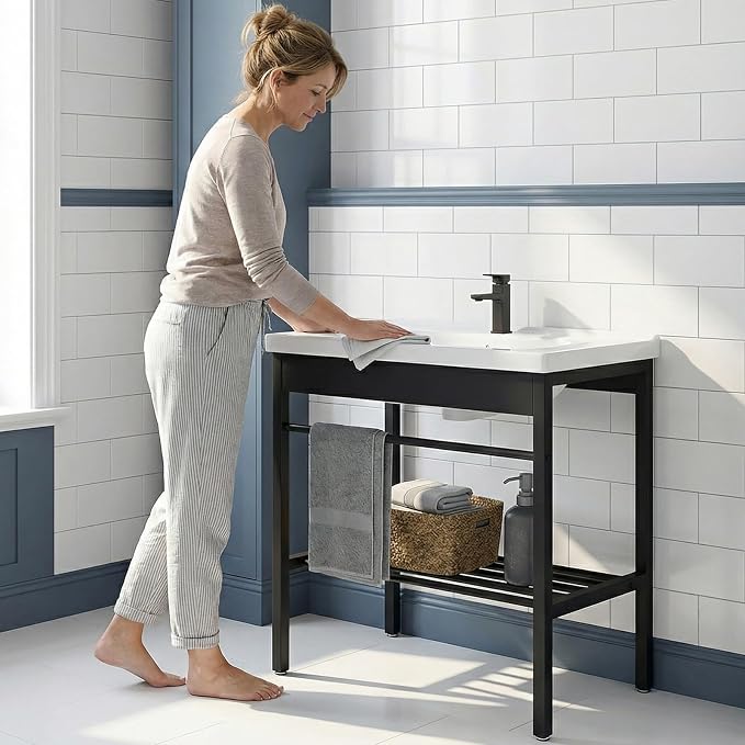 Freestanding Bathroom Console Sink, Bathroom Vanity with Sink, 28.3" x 19" x 32.3" Ceramic Console Sink Set With Bracket, Utility Sink for Laundry Room, Washing Room, Garage, Basement, Outdoor, Indoor | 19" x 28.3" x 32.3" Ceramic Console Sink with Bra...