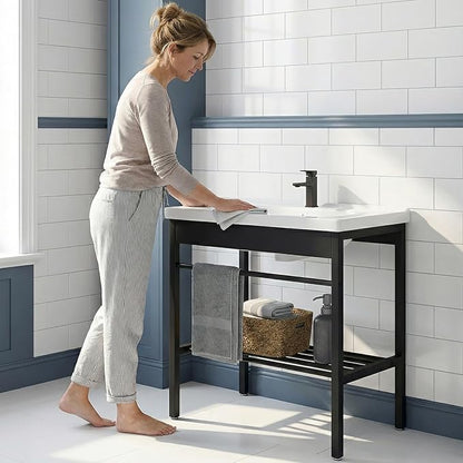 Freestanding Bathroom Console Sink, Bathroom Vanity with Sink, 28.3" x 19" x 32.3" Ceramic Console Sink Set With Bracket, Utility Sink for Laundry Room, Washing Room, Garage, Basement, Outdoor, Indoor | 19" x 28.3" x 32.3" Ceramic Console Sink with Bra...