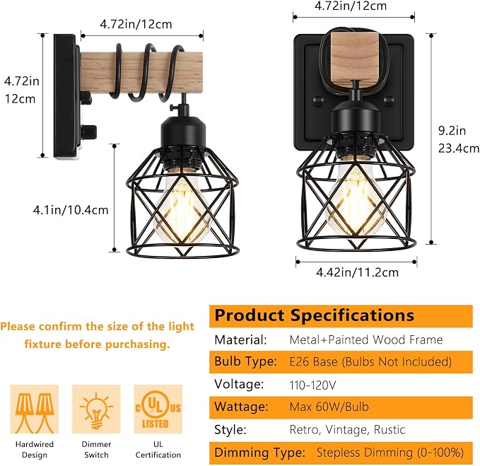 FadimiKoo Dimmable Wall Sconces Set of Two, Bedside Wall Mounted Lamp with Rotary Switch, Wooden Black Bathroom Light Fixtures with Metal Cage, Hardwired Farmhouse Wall Lights for Bedroom, Living Room