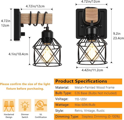 FadimiKoo Dimmable Wall Sconces Set of Two, Bedside Wall Mounted Lamp with Rotary Switch, Wooden Black Bathroom Light Fixtures with Metal Cage, Hardwired Farmhouse Wall Lights for Bedroom, Living Room