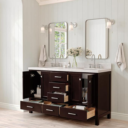 ARIEL Cambridge 60-inch Bathroom Vanity with Sink,Solid Wood, 1.5-inch Carrara White Quartz Countertop, Double Rectangular Porcelain Sink, 4 Soft Closing Doors, 6 Dovetail Drawers, Espresso