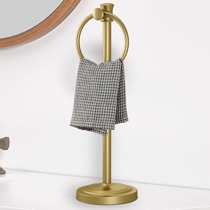 Hoimpro Hand Towel Holder Free Standing Towel Bar Brushed Gold | Hanging Floor Hand Towel Rack Ring, for Bathroom Kitchen Vanity Countertops, Hardware Accessories SUS 304 Heavy-Duty Base