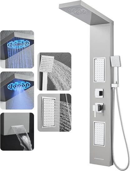 ROVOGO Led Shower Panel Tower System, 2-Setting Lighted Shower Head (Rainfall & Mist Mode), Large Body Jets, Handheld and Tub Spout, 50" Stainless Steel Shower Column with Mixer Valve, Brushed