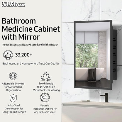 NLShan Medicine Cabinet Mirror for Bathroom: Recessed Vanity Bathroom Cabinet with Mirror Door - Black Metal Framed and Wall Mounted Design with Adjustable Shelves for Bathroom Storage - 16x24 inch